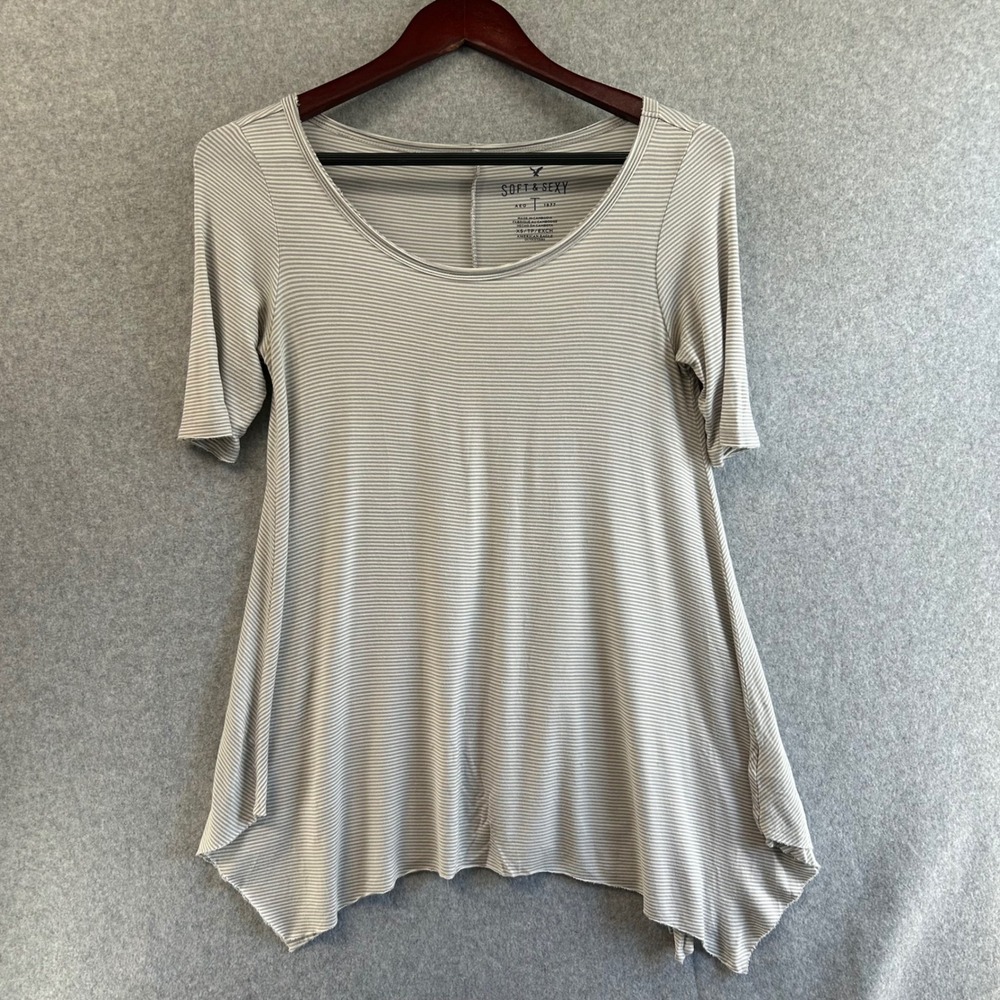 American Eagle Soft & Sexy Stripe Sharkbite Tunic Top Shirt Gray White Womens XS